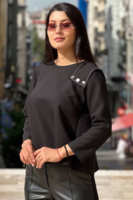 Fever - Zımba detaylı siyah uzun kollu bluz