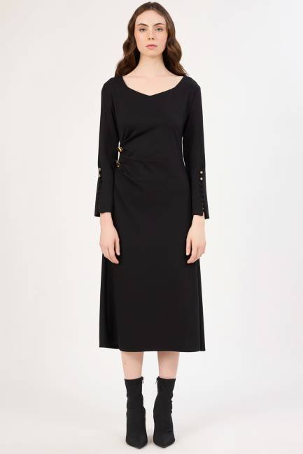 Açık yakalı kol ucu yırtmaç detaylı likralı elbise - Thumbnail