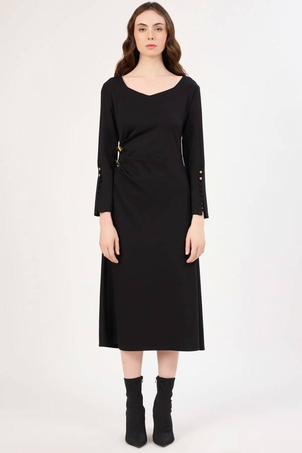 Açık yakalı kol ucu yırtmaç detaylı likralı elbise Açık yakalı kol ucu yırtmaç detaylı likralı elbise