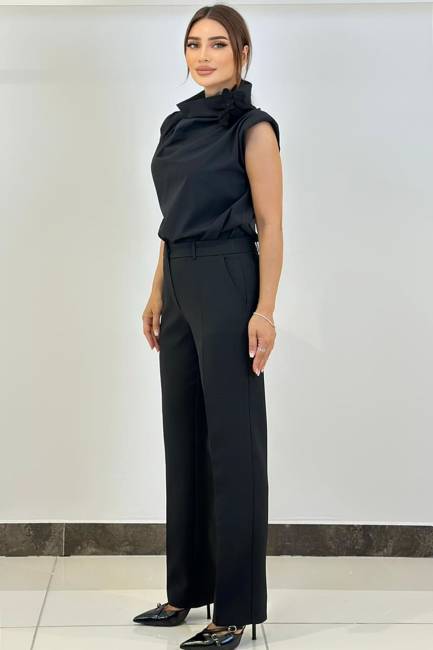 Aksesuar detaylı likralı siyah pantolon - Thumbnail