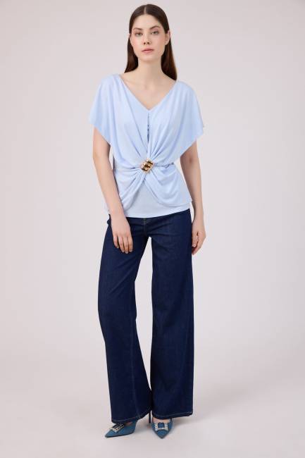 Aksesuarlı viskon örme bluz - Thumbnail