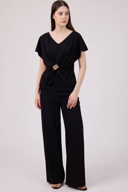 Aksesuarlı viskon örme bluz - Thumbnail