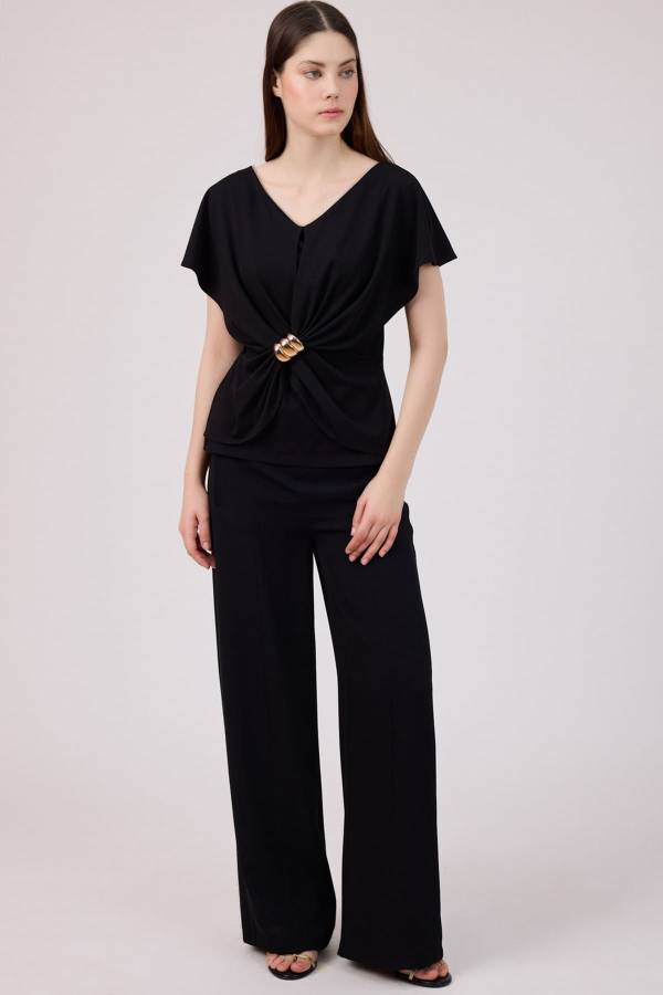 Aksesuarlı viskon örme bluz