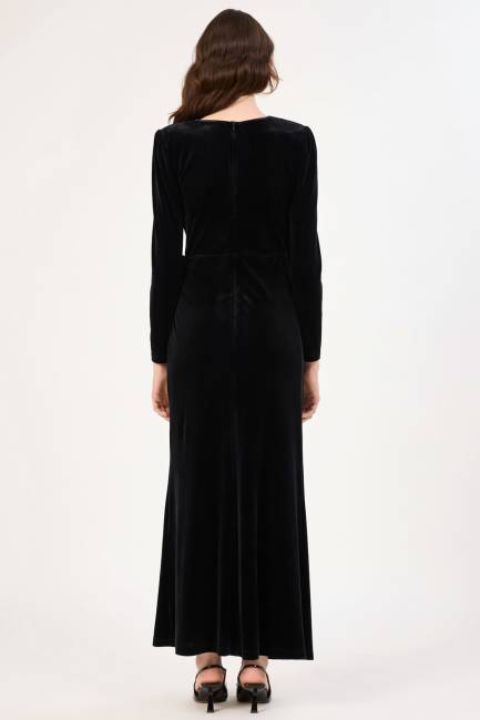 Anvelop yakalı kadife elbise - Thumbnail