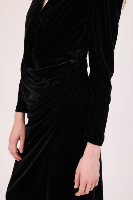 Anvelop yakalı kadife elbise - Thumbnail