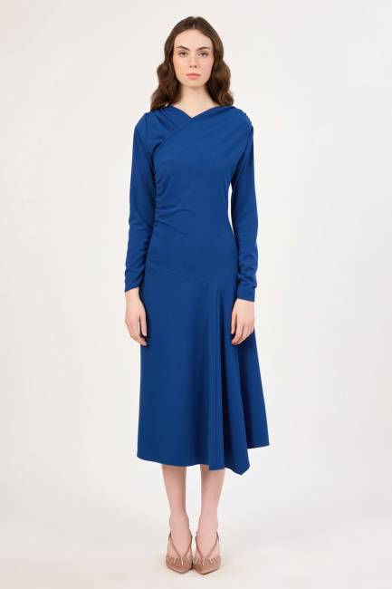 Fever - Asimetrik yakalı likralı krep elbise (1)