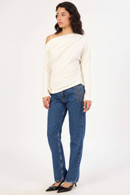 Asimetrik yakalı örme bluz - Thumbnail