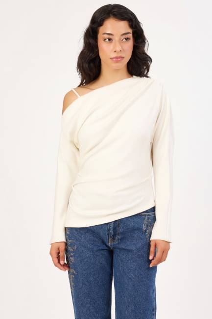 Asimetrik yakalı örme bluz - Thumbnail