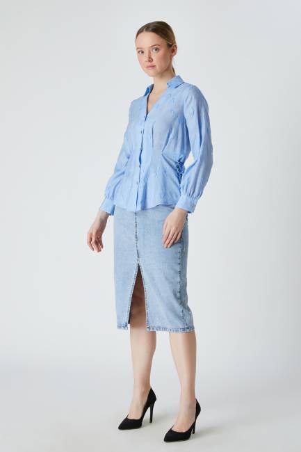 Bağcıklı jakar desenli bluz - Thumbnail