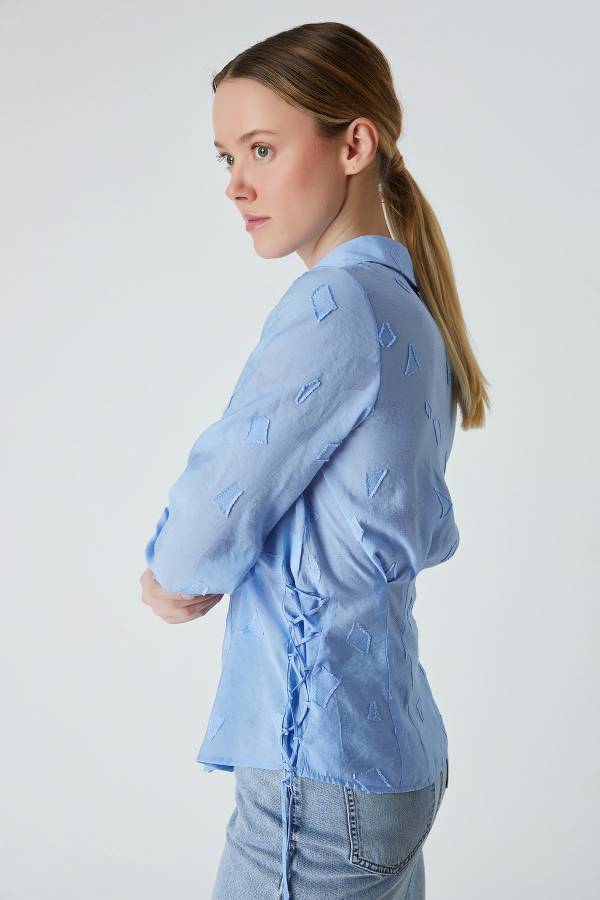 Bağcıklı jakar desenli bluz