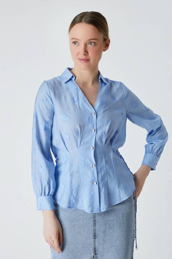 Bağcıklı jakar desenli bluz