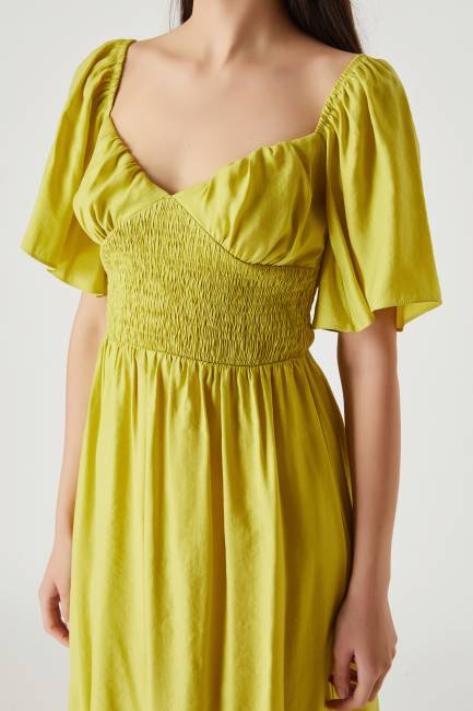 Beli büzgü detaylı straplez elbise - Thumbnail