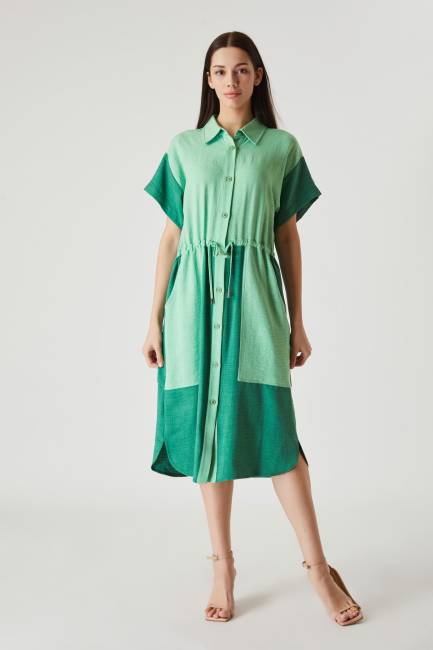 Beli büzgülü gömlek elbise - Thumbnail