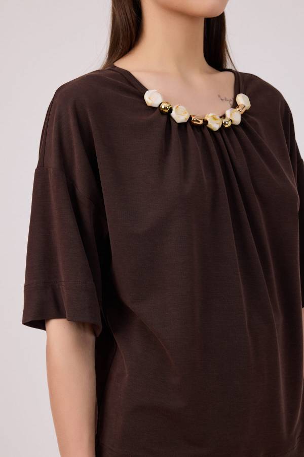 Boncuk detaylı tencel örme bluz