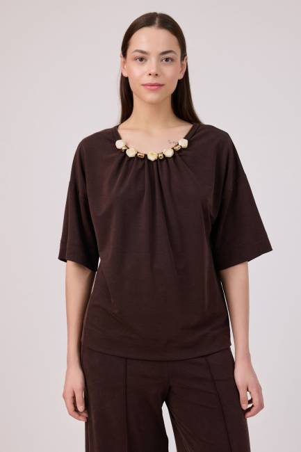 Fever - Boncuk detaylı tencel örme bluz