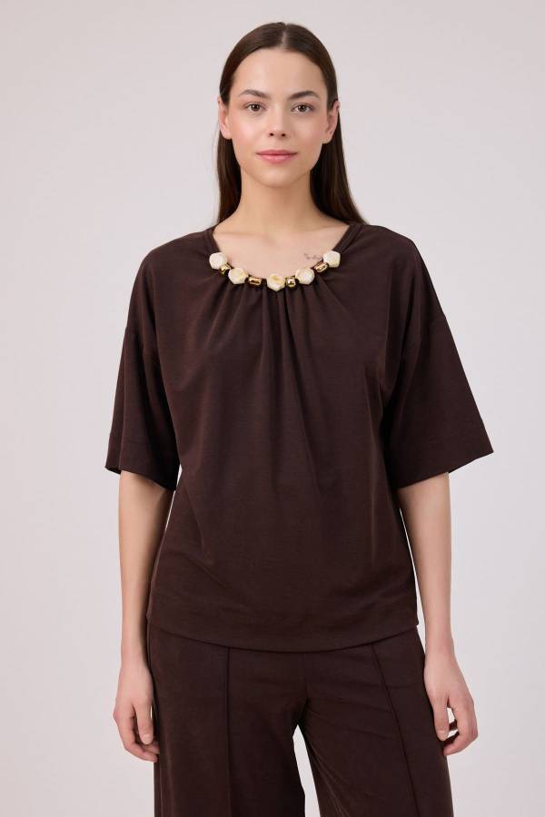 Boncuk detaylı tencel örme bluz