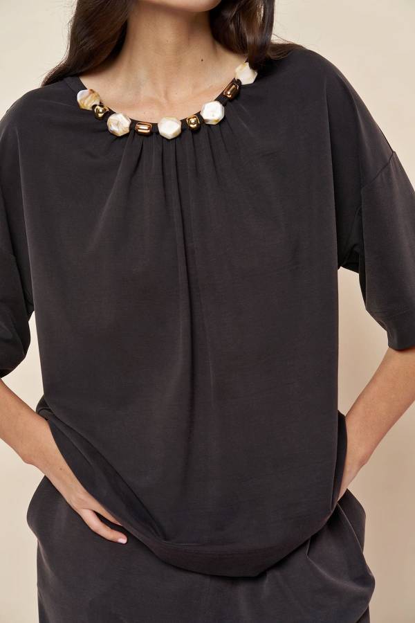 Boncuk detaylı tencel örme bluz