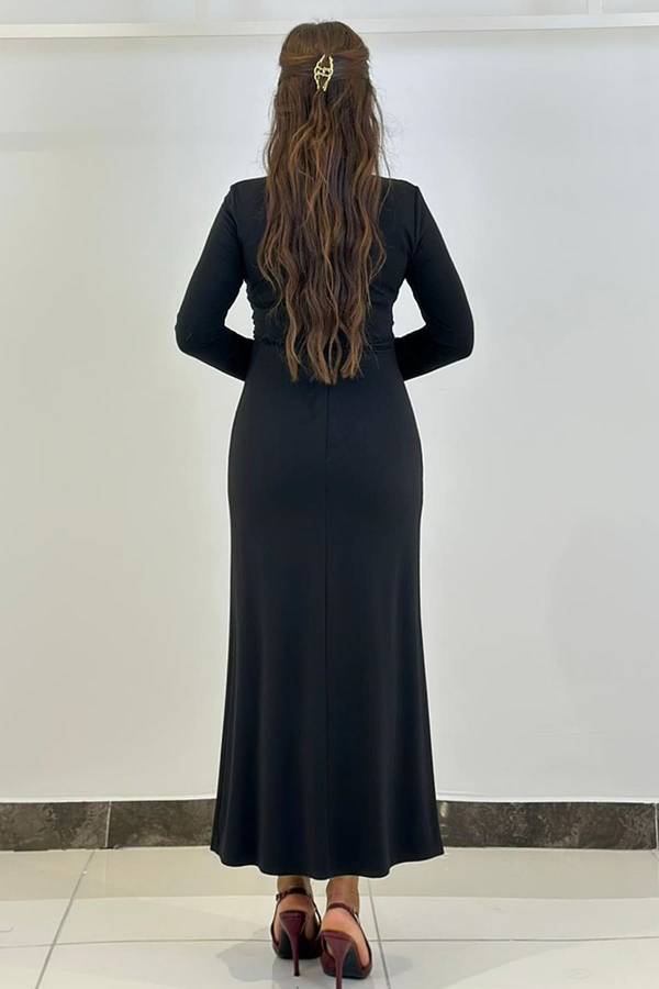 Büzgü detaylı likralı örme elbise