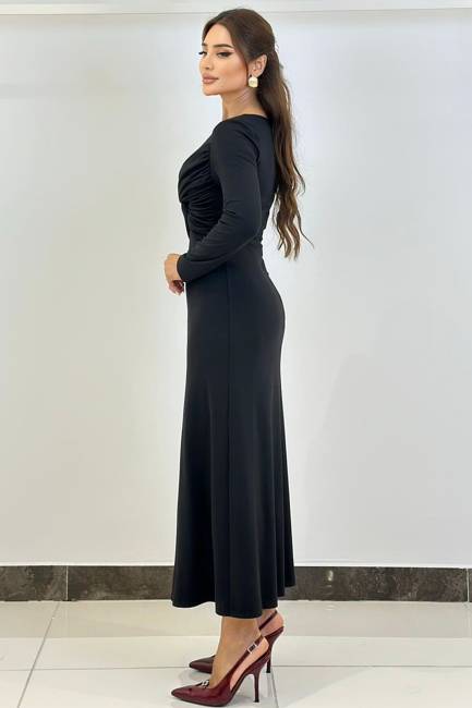 Büzgü detaylı likralı örme elbise - Thumbnail