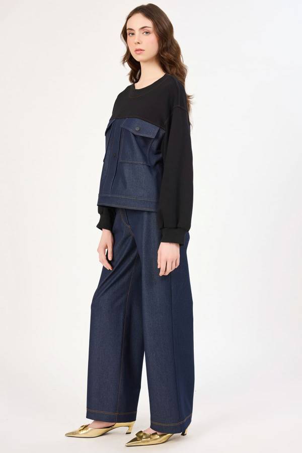 Cep detaylı denim geçişli bluz