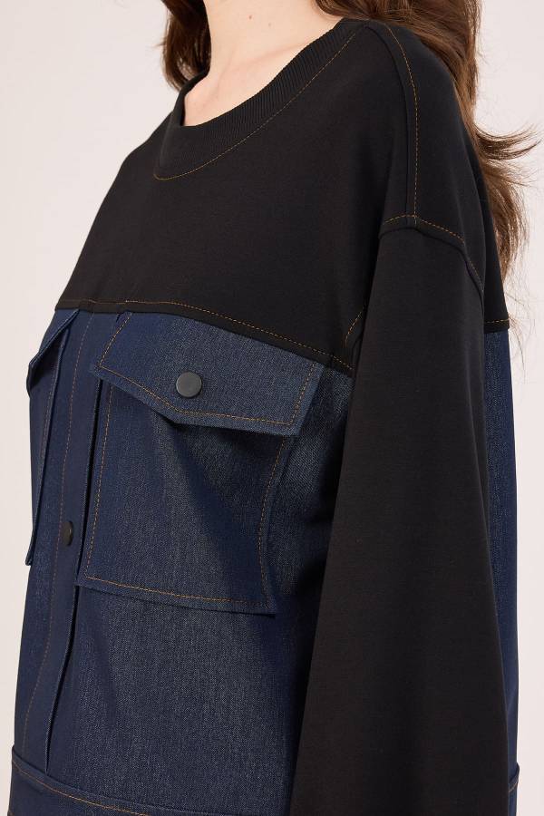 Cep detaylı denim geçişli bluz