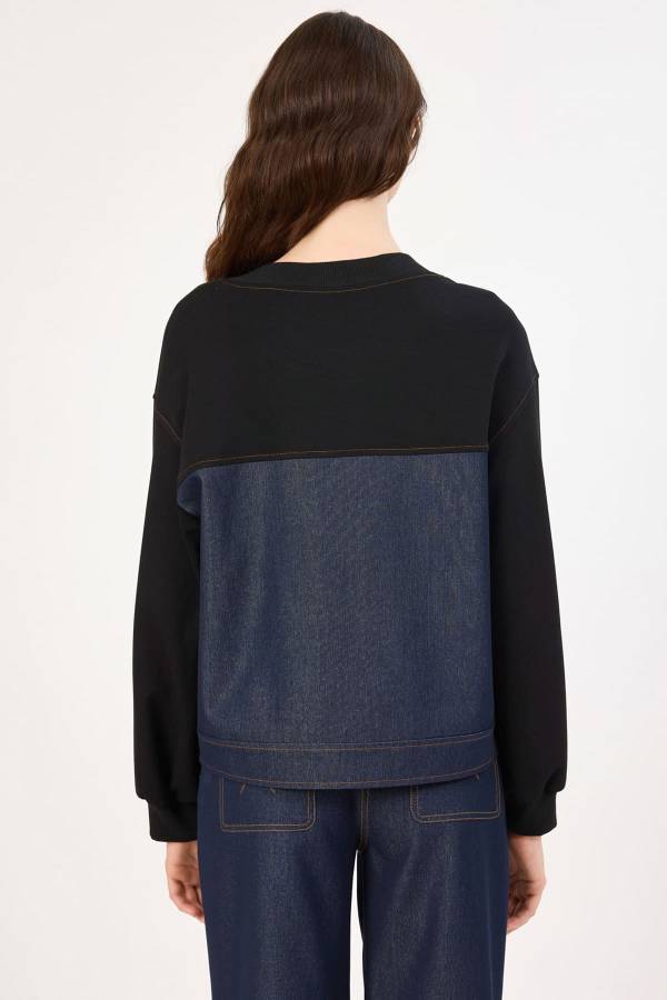 Cep detaylı denim geçişli bluz