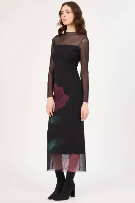 Çicek desenli tül geçişli midi elbise - Thumbnail