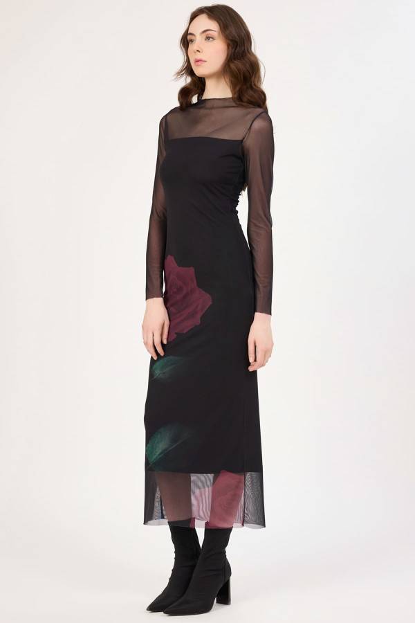 Çicek desenli tül geçişli midi elbise Çicek desenli tül geçişli midi elbise