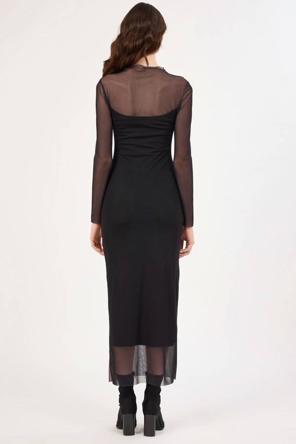 Çicek desenli tül geçişli midi elbise Çicek desenli tül geçişli midi elbise