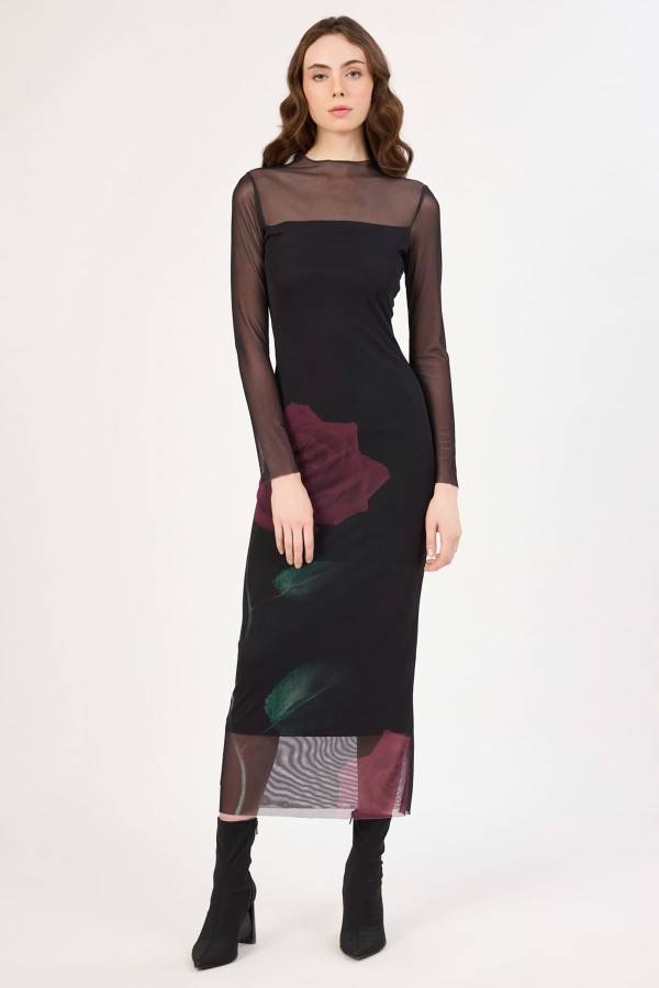 Çicek desenli tül geçişli midi elbise Çicek desenli tül geçişli midi elbise