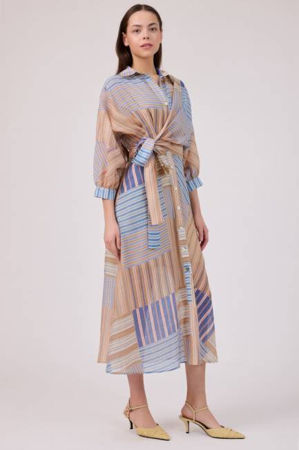 Çizgi desenli tensel elbise - Thumbnail