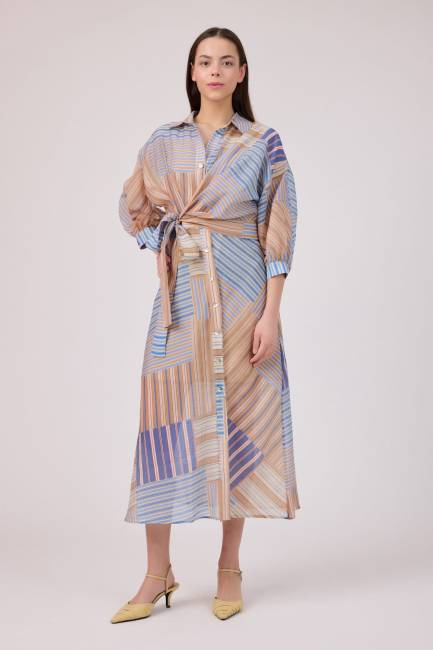 Çizgi desenli tensel elbise - Thumbnail