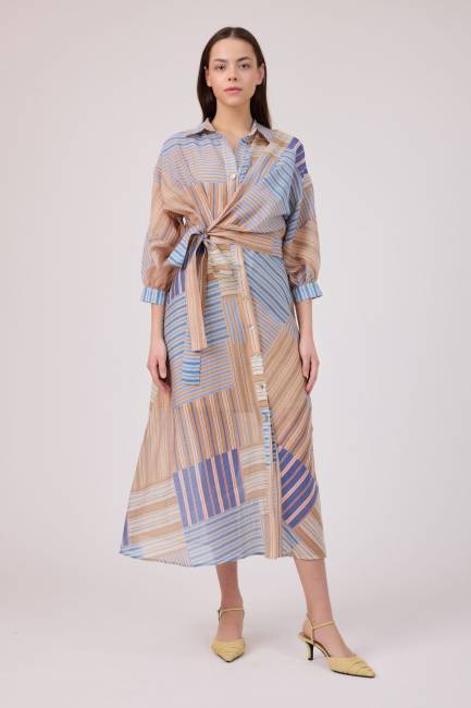 Çizgi desenli tensel elbise - Thumbnail