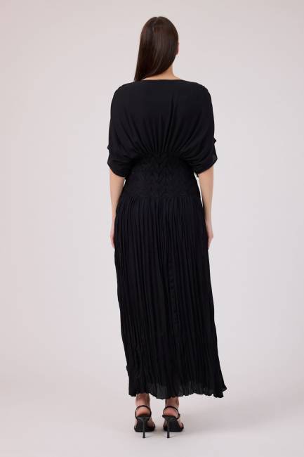 Dantel korsajlı krep uzun elbise - Thumbnail