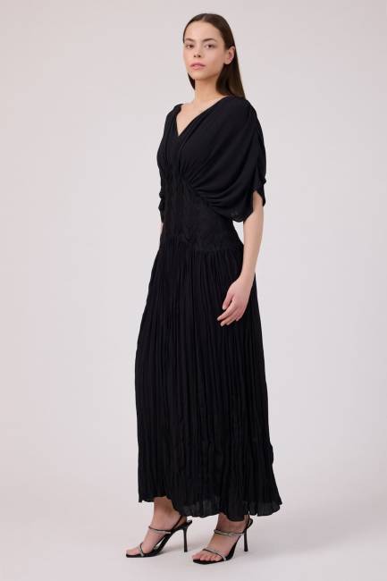 Fever - Dantel korsajlı krep uzun elbise