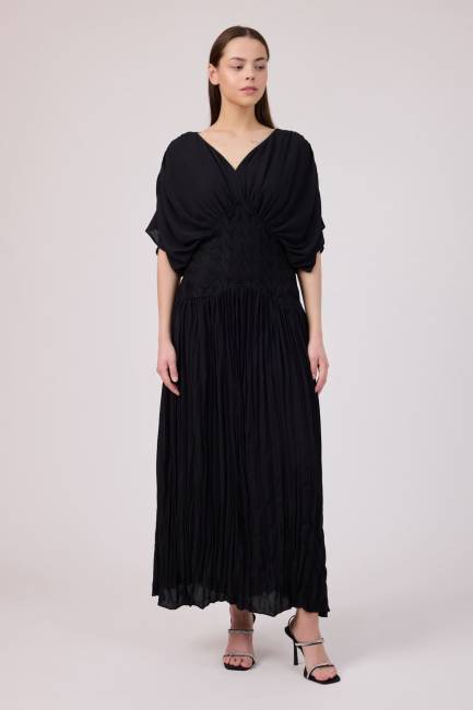 Dantel korsajlı krep uzun elbise - Thumbnail