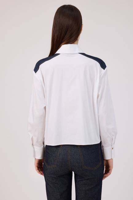 Denim geçişli poplin gömlek - Thumbnail