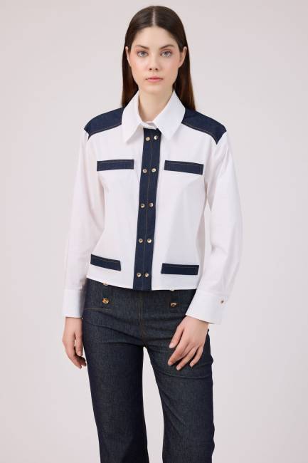 Denim geçişli poplin gömlek - Thumbnail