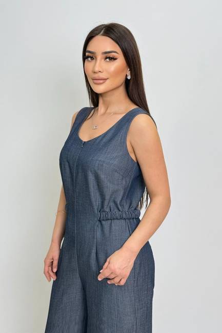 Denim görünümlü viskon tulum - Thumbnail
