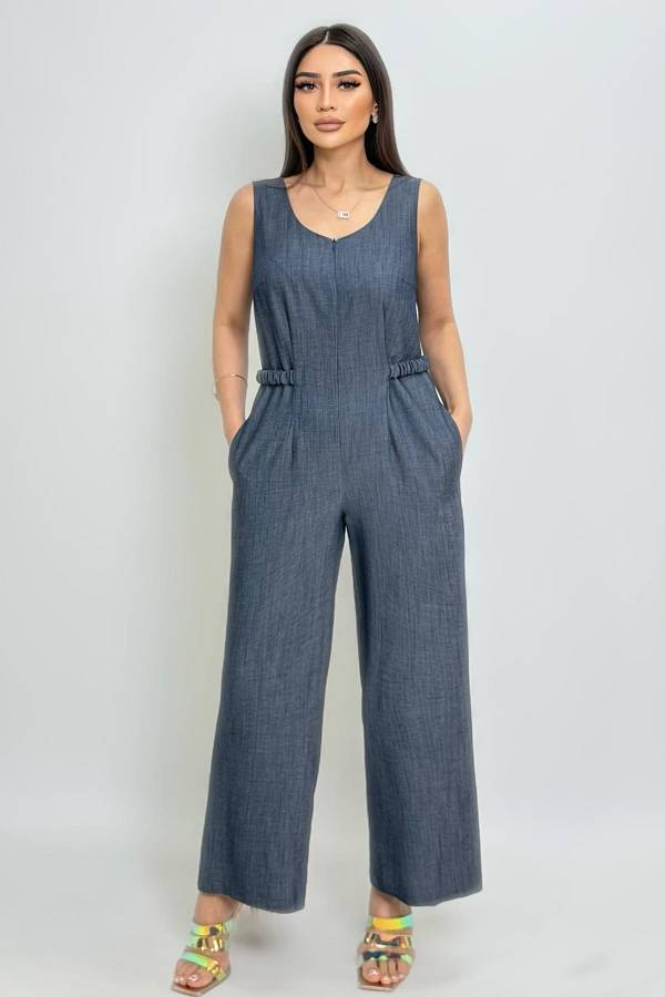 Denim görünümlü viskon tulum