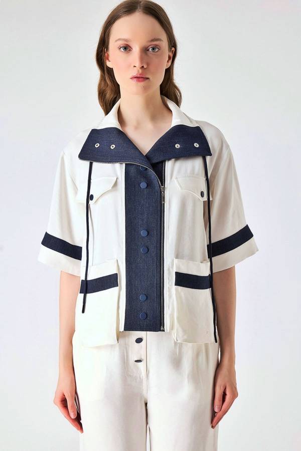 Denim mixli yakalı astarsız ceket