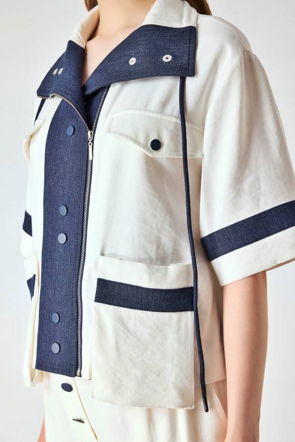 Denim mixli yakalı astarsız ceket