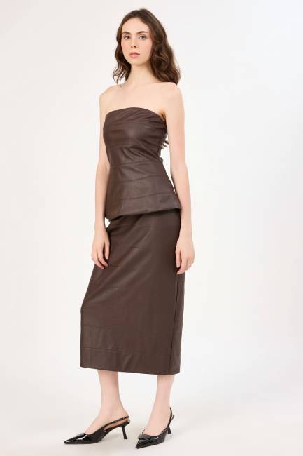 Dikiş detaylı suni deri bustiyer - Thumbnail