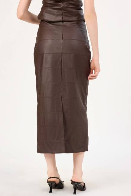 Dikiş detaylı suni deri etek - Thumbnail