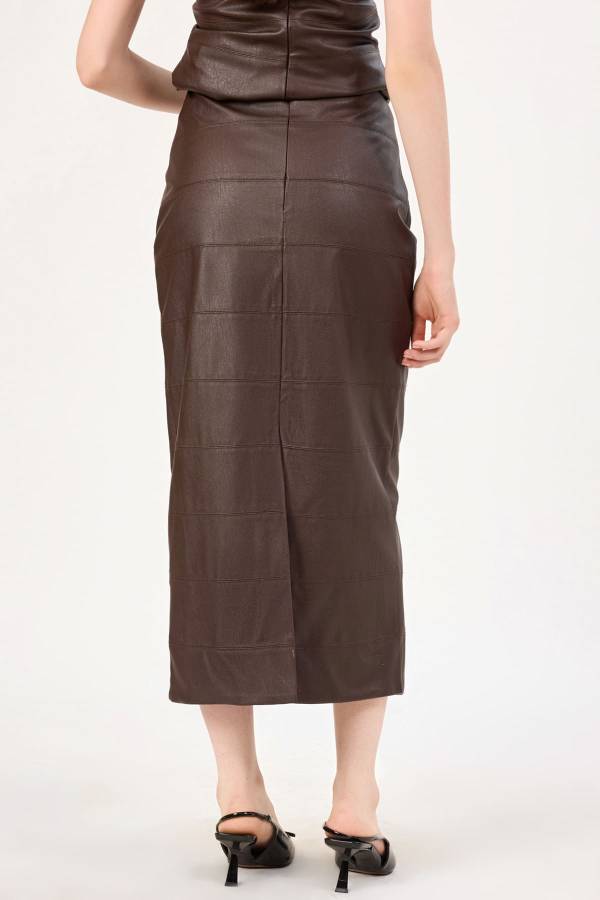 Dikiş detaylı suni deri etek