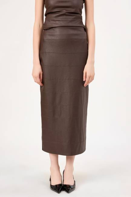 Dikiş detaylı suni deri etek - Thumbnail