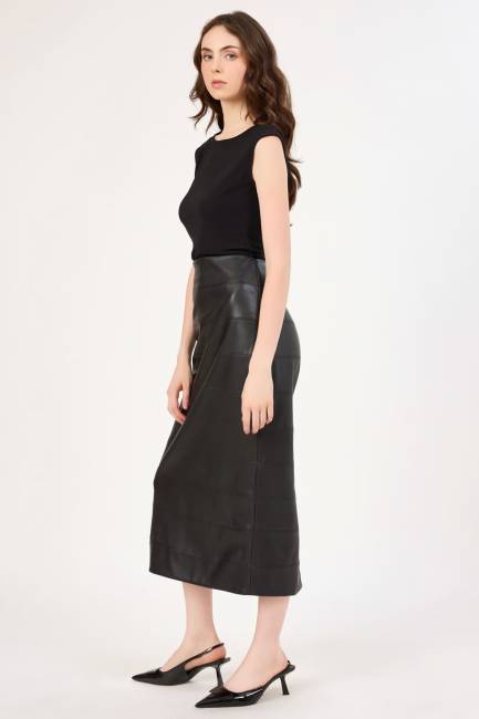 Dikiş detaylı suni deri etek - Thumbnail