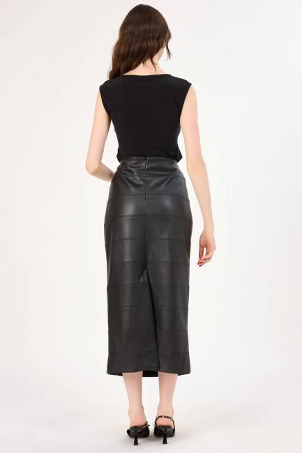 Dikiş detaylı suni deri etek - Thumbnail