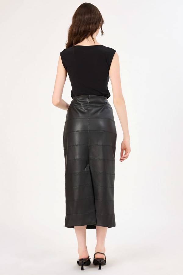 Dikiş detaylı suni deri etek