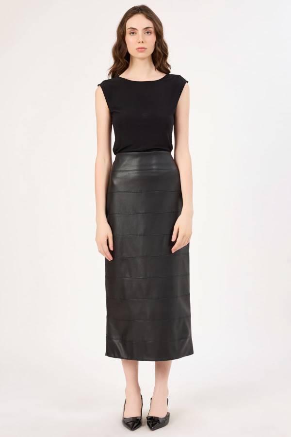 Dikiş detaylı suni deri etek